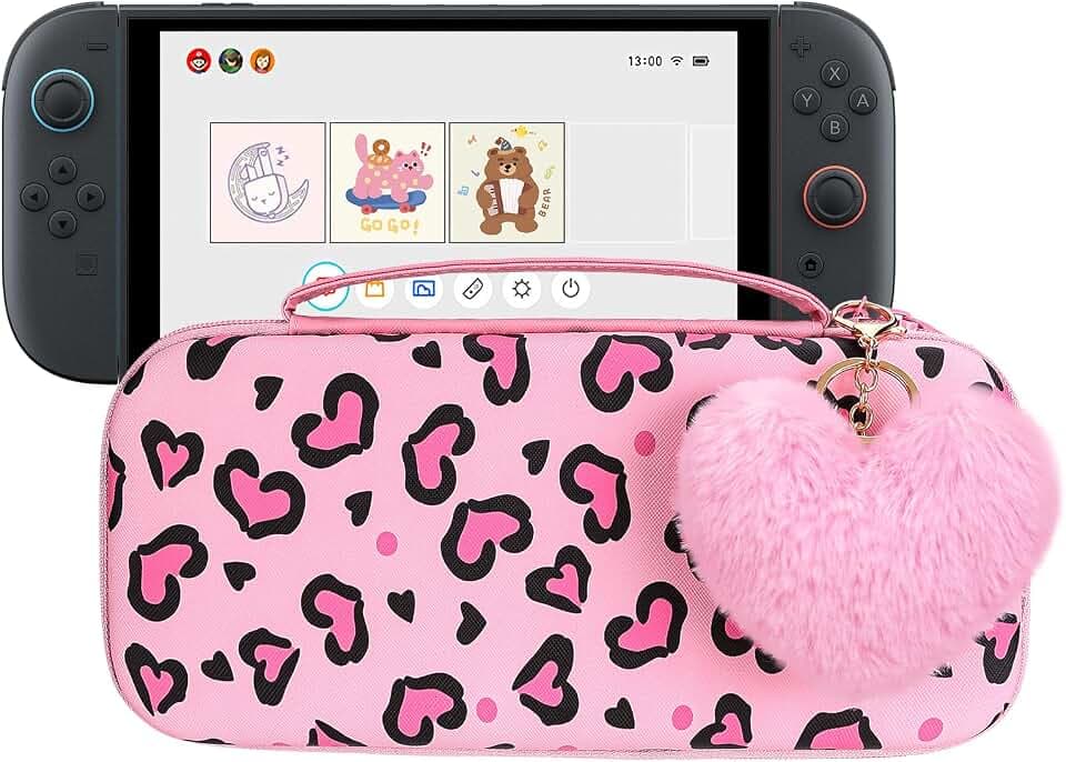 DLseego Love Leopard Storage Carrying Case for Nintendo Switch 2 (2025) Accessories Set, 10 Game Card Slots Cute Protective, 1PCS Plush Heart Pendant, Travel-Carry, All-Round Protection - Pink