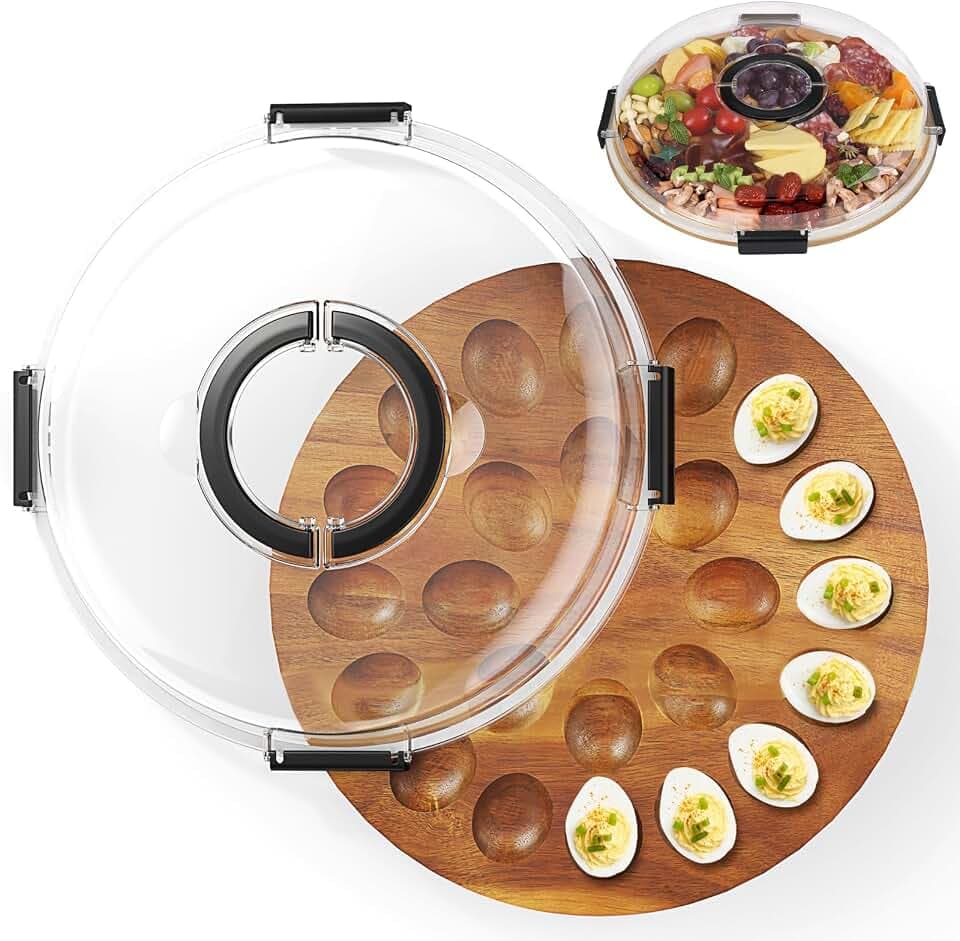 Eier Servierplatte mit Deckel, Servierplatte mit Fächern, Gefüllte Eier Servierplattes, Bambus Servierplattes, mit 24 Fächern und Klarem Acryl-Deckel, mit Tragegriff, für Snacks, Partys