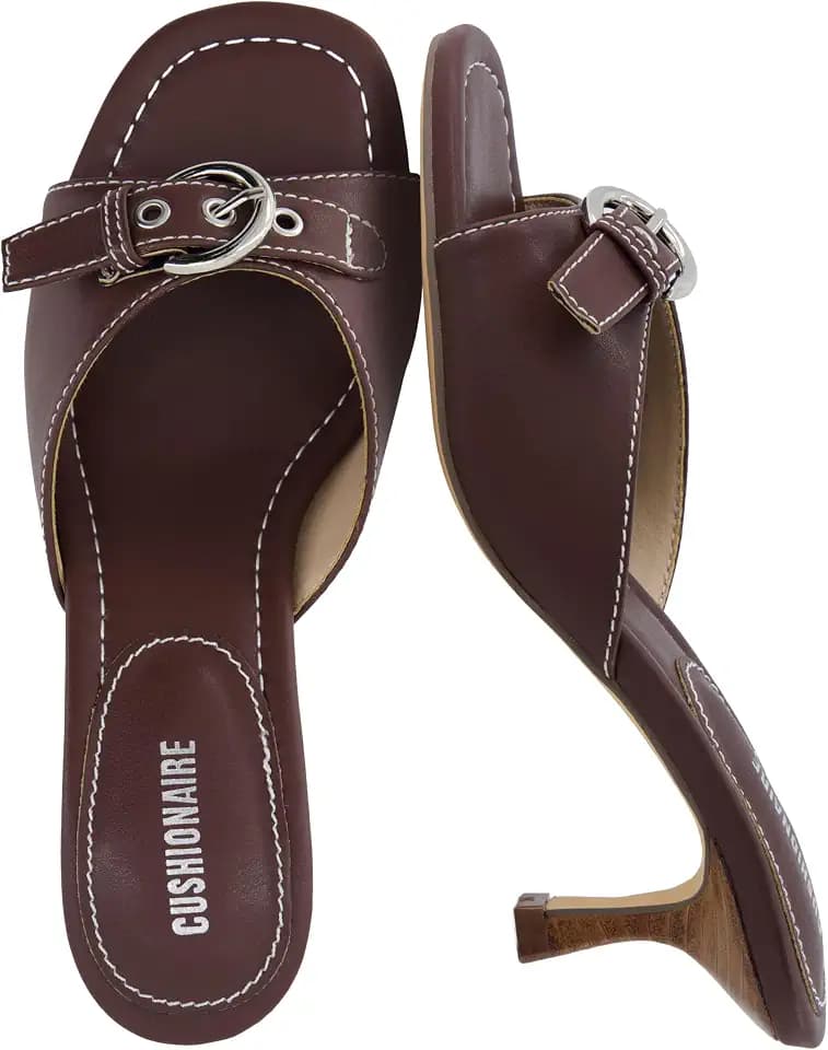 CUSHIONAIRE Belle Kitten Heels for Women with Buckle Accent, Comfortable Mule Dressy Womens Sandals
