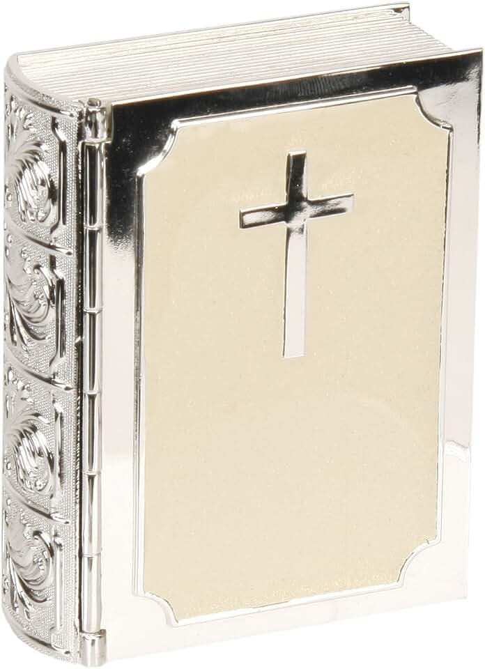 CG225 Schmuckkästchen, Bibel-Design, versilbert, cremefarbenes Epoxidharz, Andenken-Box, Taufe, Konfirmation, Erstkommunion
