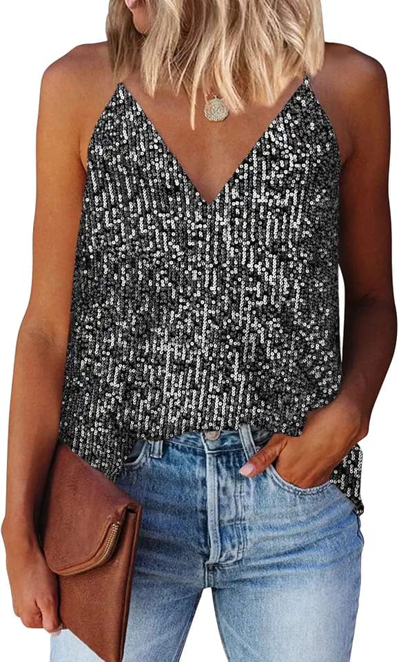 miduo Womens Tanks Tops Summer Sparkle Sequin Tops V Neck Tank Top Shirts