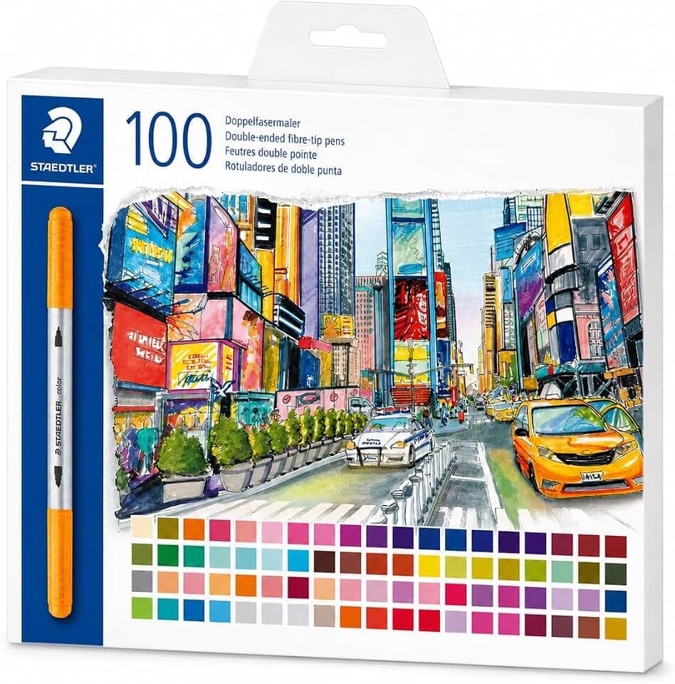STAEDTLER 3200 Doppelfasermaler 100er Etui – Filzstifte für Erwachsene mit 2 Spitzen, 3,0 mm und 0,5-0,8 mm Linienbreite - 3200 C100P