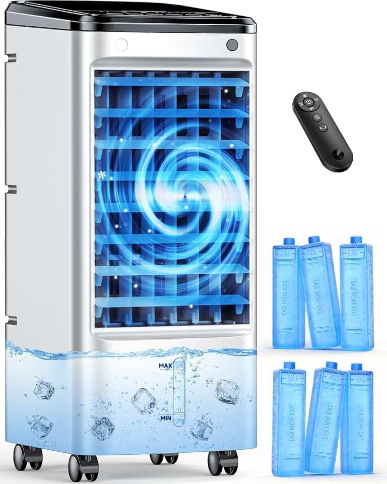 Windowless Portable Air Conditioners w/6Ice Packs, 4Modes&3Speeds, 600Sq.ft Swamp Cooler, Dual Tank for 15H Cooling, 12H Timer, 26Ft Remote, 65°Swing Evaporative Air Cooler for Bedroom Indoor