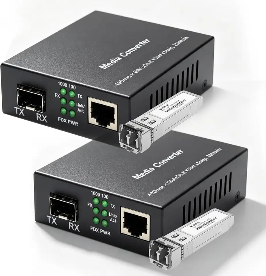 A Pair of Gigabit Fiber Media Converter with 2 Packs Gigabit SFP LC Modules 20KM Single-Mode, 1.25G/s Fiber to Ethernet Converter, Gigabit SFP to RJ45 10/100/1000M, SMF, 1310nm