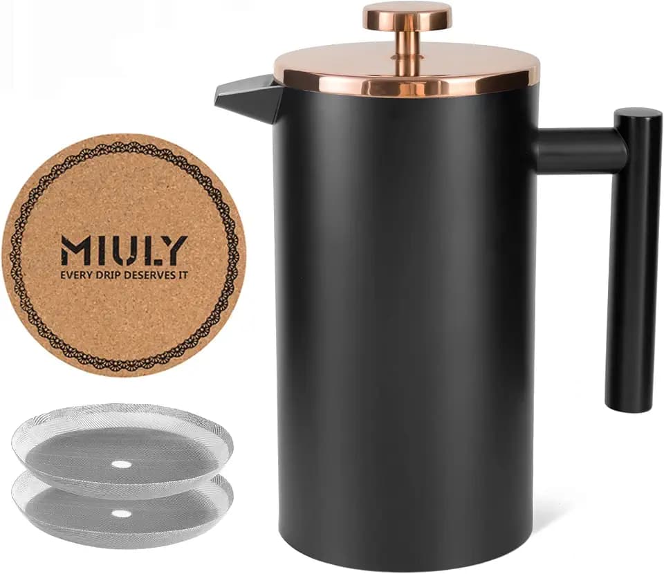 Kaffeebereiter French Press 1L, Kaffeepresse Doppelwandig Edelstahl 6 Tassen, Thermo Kaffeezubereiter Erhältlich in 350ml, 1000ml mit Filtersieb, Untersetzer, Schwarz Gold