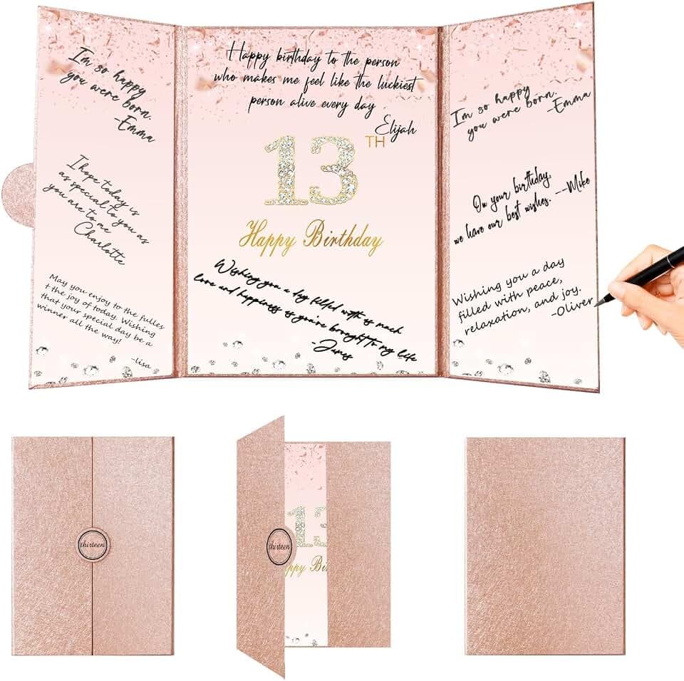 Crenics Rose Gold 13th Birthday Decorations, 13th Birthday Signature Book
