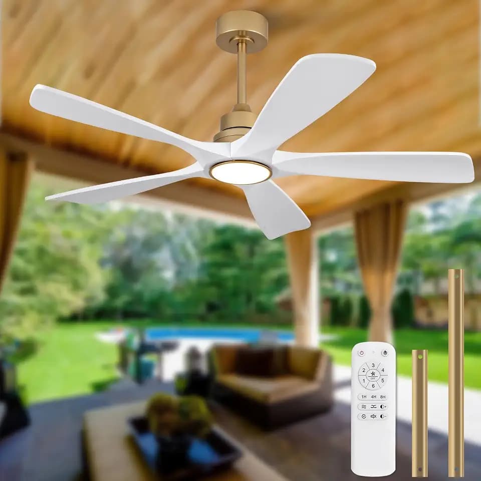 52 Inch White Gold Ceiling Fans with Lights and Remote, 5 Blade Wood Outdoor Ceiling Fan with Light for Patio, Bedroom Ceiling Fan for Modern Living Room Patio Indoor Office