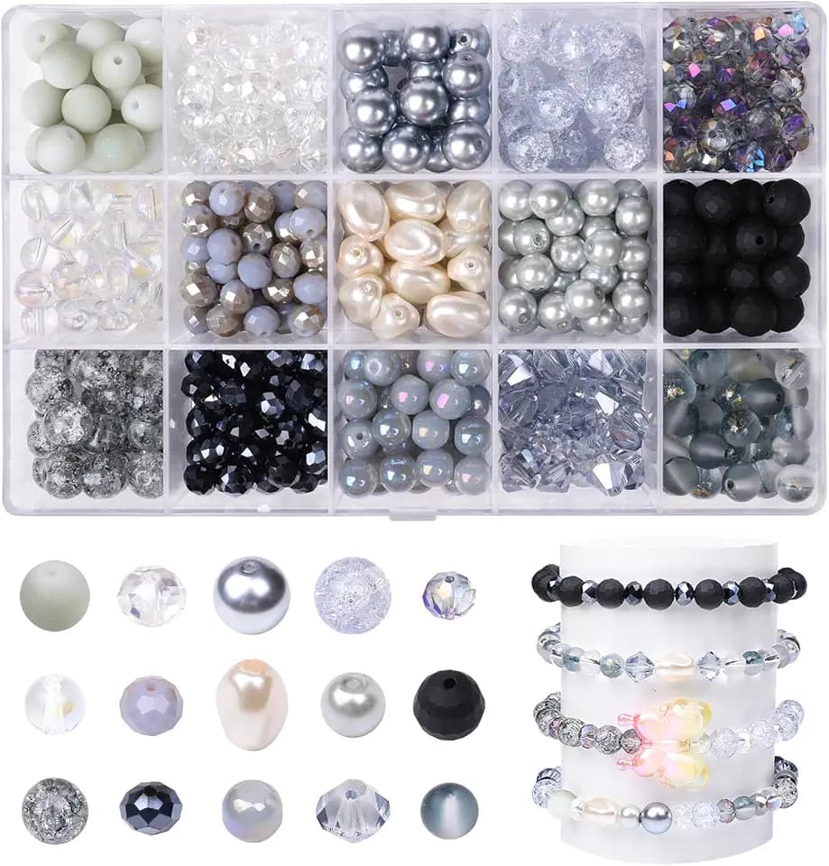 Glasperlen-Perlen-Set, 560 Stück, Acrylperlen, Set mit Löchern, runde Perlen für DIY-Schmuckherstellung, Halskette, Armband, Set (15 Farben)