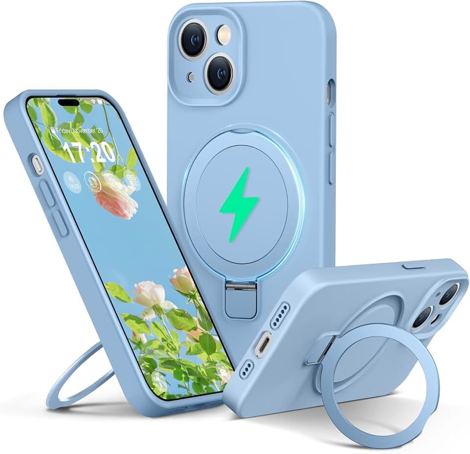 Silicone Hülle für iPhone 15 mit Magnet ständ,Azurblau