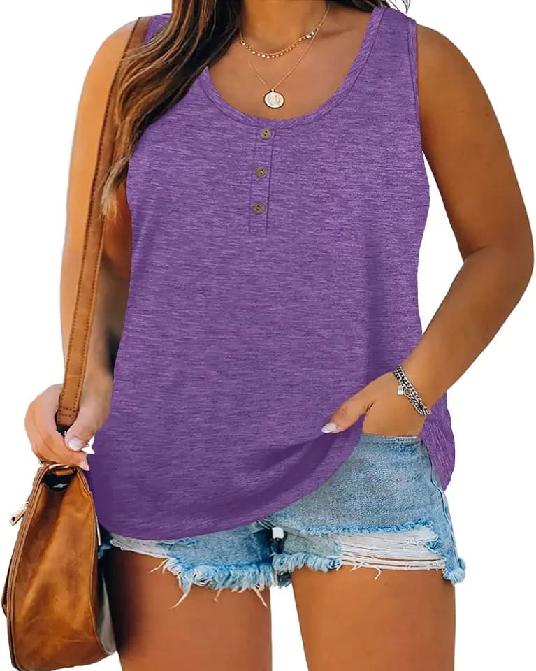 Womens Plus Size Tank Tops Summer Button Down Henley Shirts Sleeveless Tops