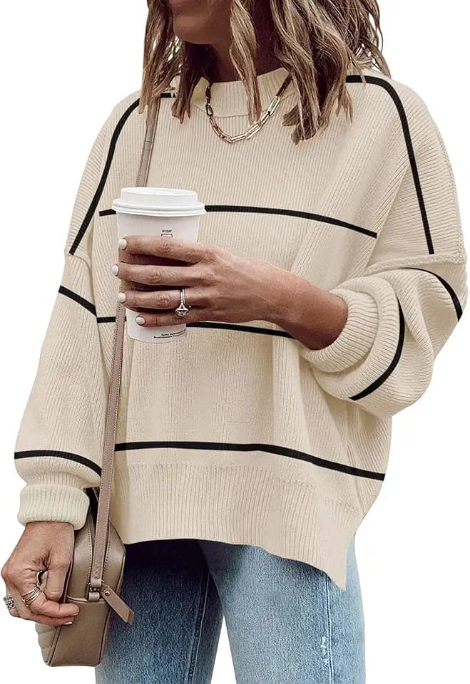 Womens Oversized Sweaters Fall Fashion Side Slit Ribbed Pullover Sweater