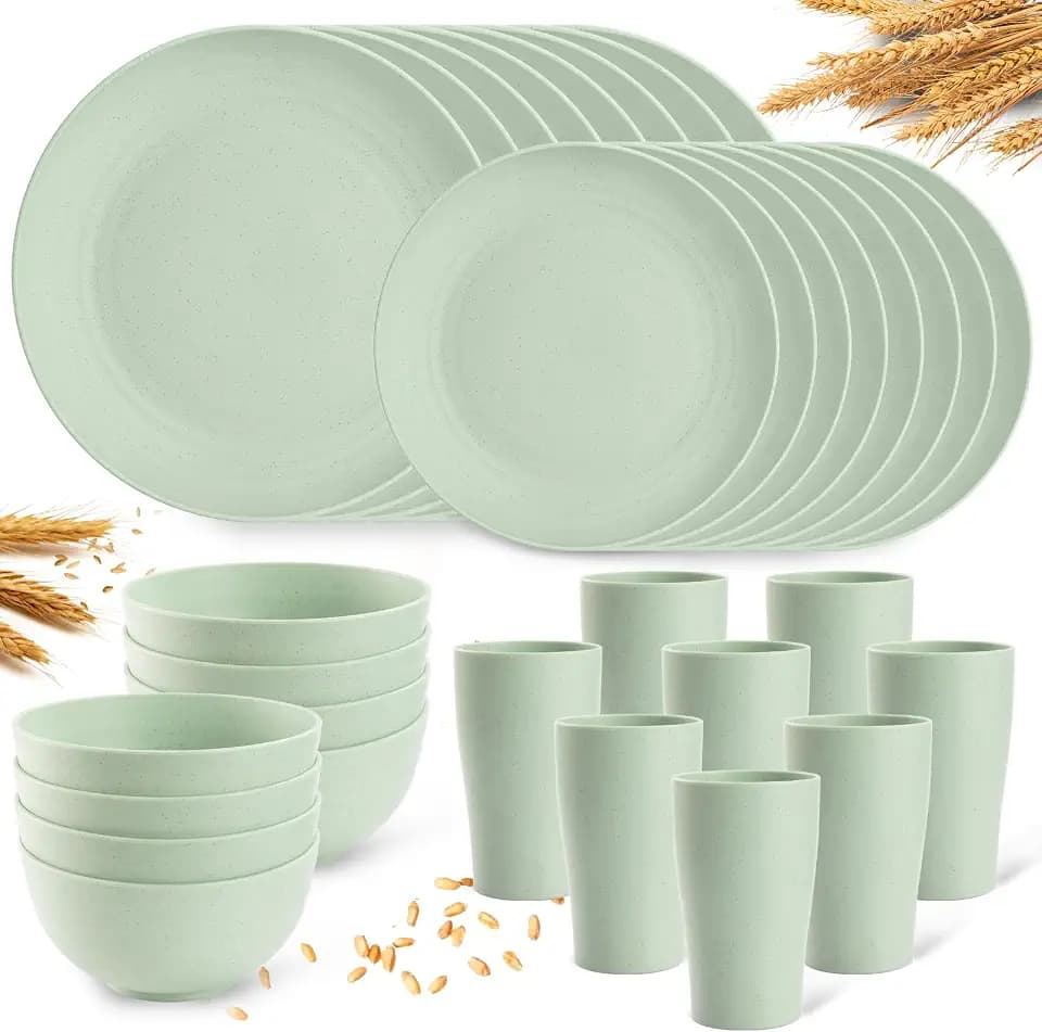 Camping Plates Cups and Bowls Set Green Reusable Microwave Safe Lightweight Unbreakable Plastic Dishes Set for Elderly Kitchen Adults Outdoor,32 Pcs Holiday Dinnerware Sets for 8