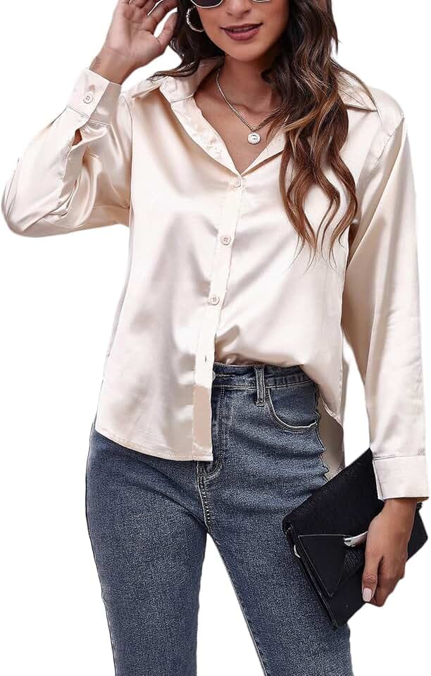 Damen Einfarbig Seidenhemd Langarm Knopf V-Ausschnitt Satin Hemd Bluse Casual Damen Büro OL Tops