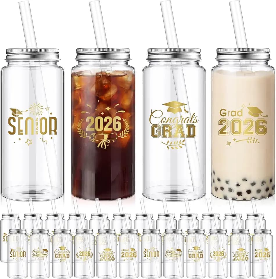 24 Pcs Graduation Plastic Cups with Lid and Straws, Gold