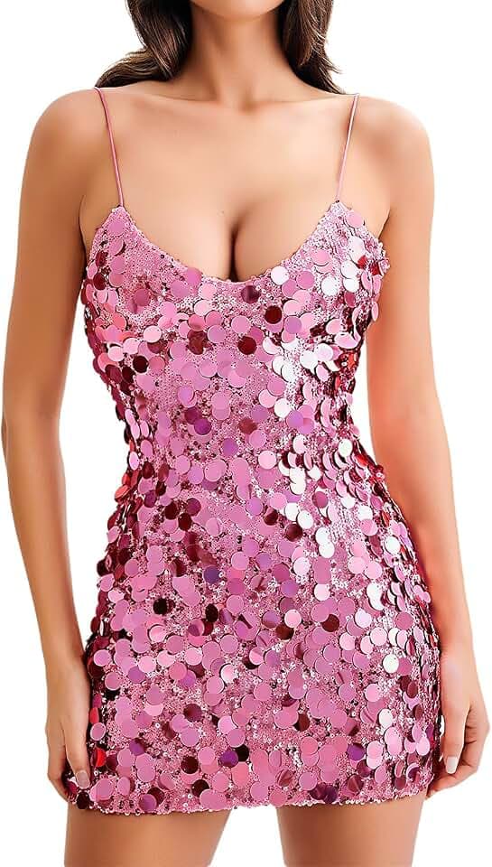 TYNORA Women’s Shiny Sequin Elegant Bodycon Dress Sparkle Backless Sleeveless High Waist Mini Dresses