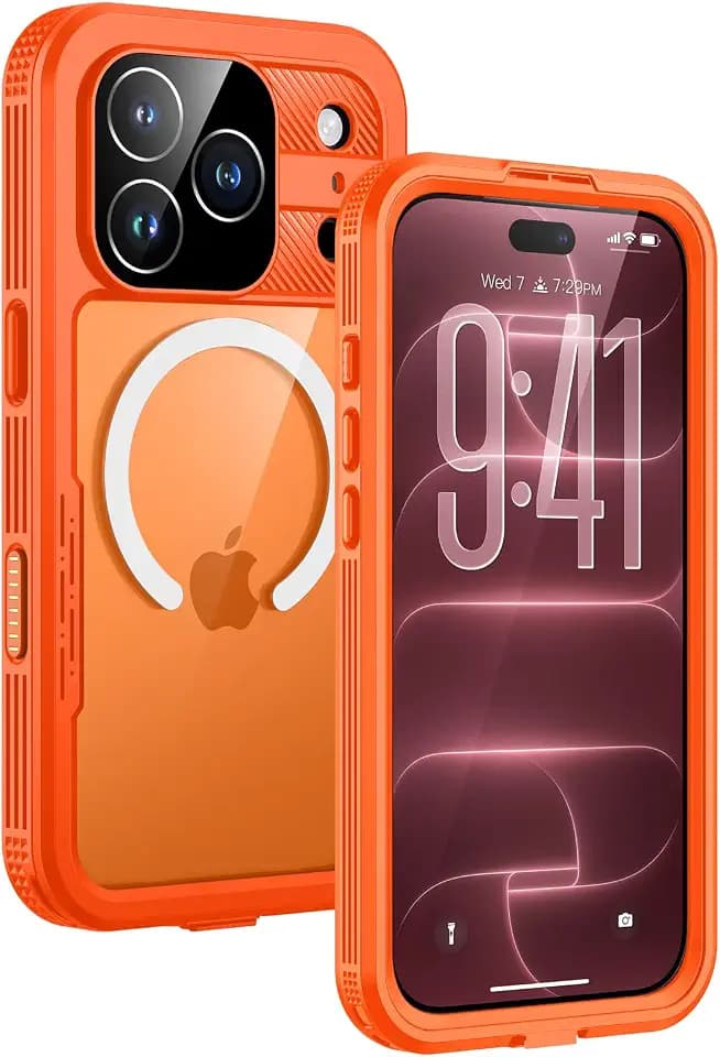 Lanhiem for iPhone 17/18 Pro Max IP68 Magnetic Phone Case, Compatible with Magsafe, Waterproof Dustproof Built-in Screen Protector Heavy Duty Rugged Cover Full Body Case, 6.9 inch, Cosmic Orange