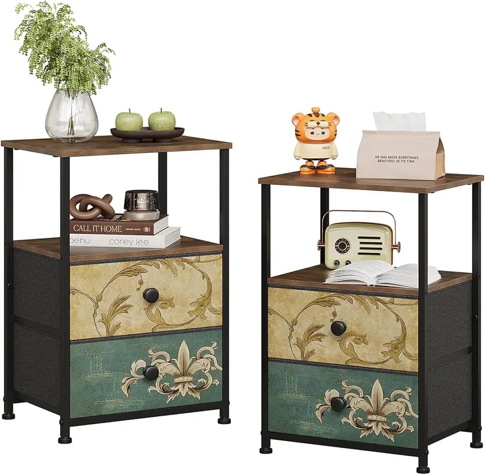 VEDECASA 2er Set Kommode mit 2 Schubladen und offenem Regal Komodenschrank Böhmische Schminktisch Aufbewahrungsschrank Nachttisch Beistelltisch für Wohnzimmer Schla fzimmer Stabiler Stahlrahmen