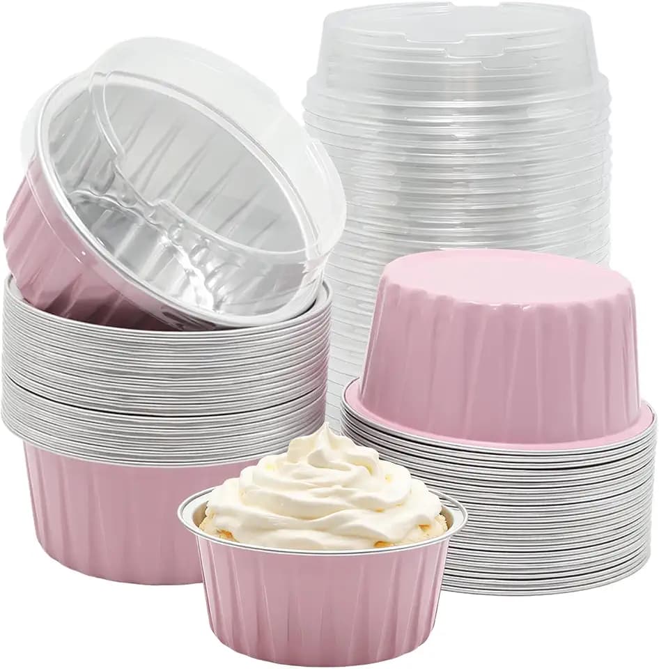 50 Pack 5oz Mini Cake Pans with Lids, Pink Baking Supplies