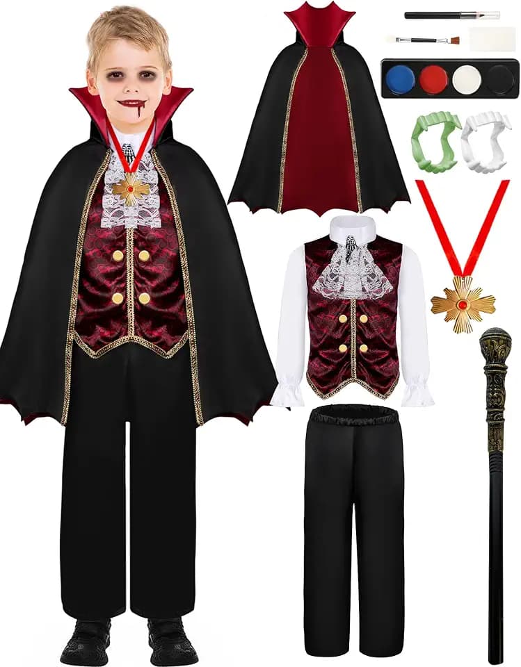 Vampire Costume Boys Gothic Halloween Costume with Cape & teeth Cane Necklace Vampire Accessories
