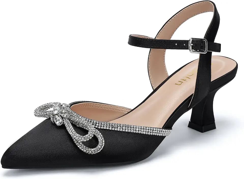 DOBOLIN Wide Width Kitten Heels for Women Rhinestone Bow Pointed Toe Pumps