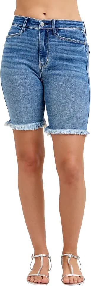 Judy Blue High Waist Medium Wash Bermuda Shorts for Women – Frayed Hem, Stretch Denim, Casual Summer Fit