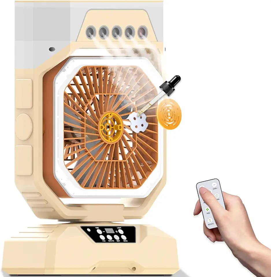 Weljoy Desk Fan 5 Sprayers Rechargeable Misting Fan for Camping & Home – 5 Speed Portable Cooling Fan with Mist 560ml Water Tank Aromatherapy Diffuser Timer 27000mAh Fast-Charging Battery(Off-White)