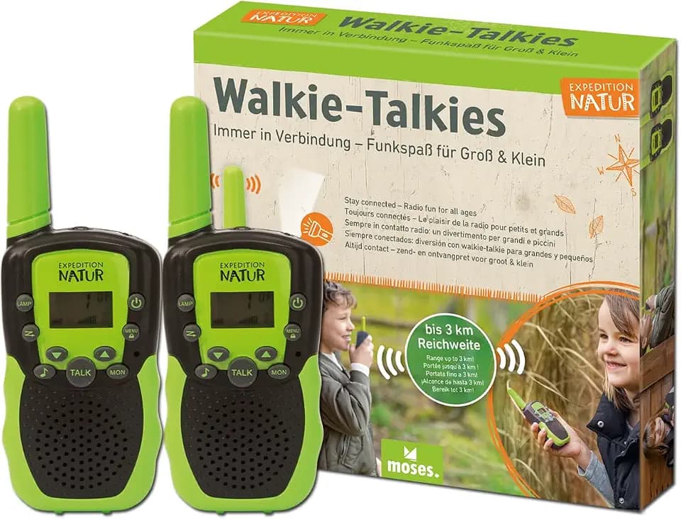 Moses. Expedition Natur Walkie-Talkie, 2 Walkie-Talkies für Kinder ab 6 Jahren, bis zu 3 km Reichweite, 22 Kanäle, 2er Set Funkgeräte mit integrierter Taschenlampe & Gürtelclip, Outdoor-Spielzeug