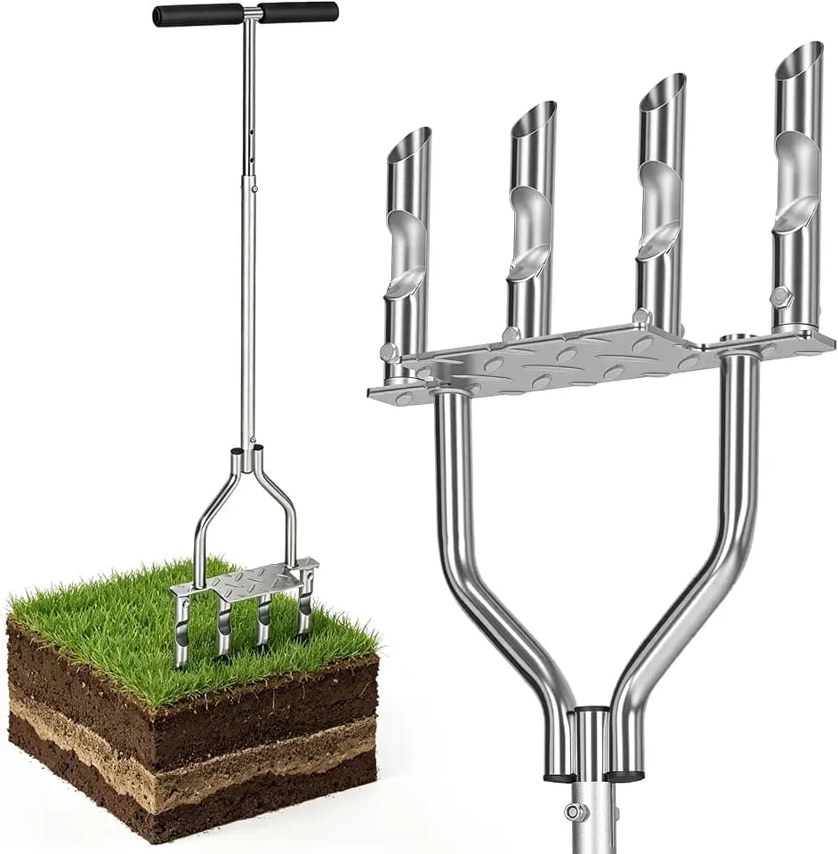 Manual Lawn Core Aerator with 4 Hollow Tines, Plug Aerator Tool