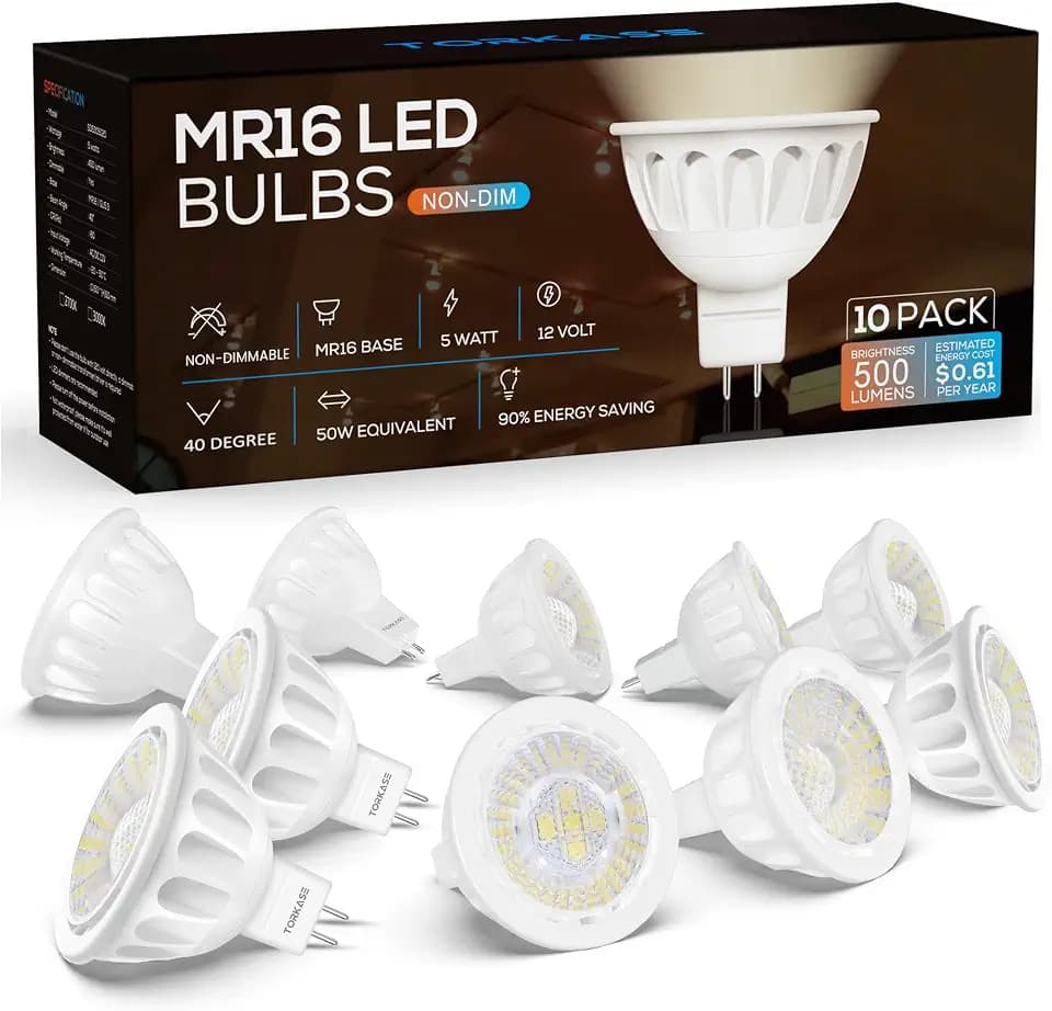 Torkase Dimmable MR16 LED Bulbs(UL Listed),2700K Soft White,5W-50W Equivalent,GU5.3 Bi-Pin Base,12V Low Voltage,40-D Narrow Beam Angle,Indoor/Outdoor Landscape Warm LED Spot Lighting Bulbs,10-Pack