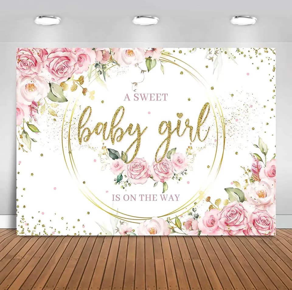 Sensfun It's A Girl Baby Shower Backdrop Pink Floral Baby Girl Banner 7x5ft