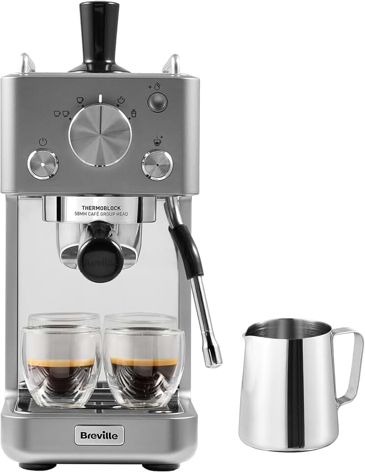 Breville Barista-Espressomaschine „Slimline“ | integrierter Milchaufschäumer | kompakte Kaffeemaschine für Cappuccinos, Lattes und mehr | 15-bar-Pumpe | Silber [VCF185X]