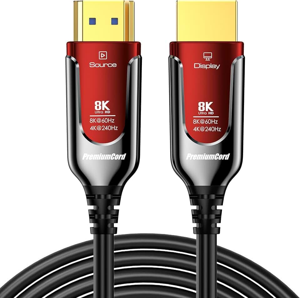 PREMIUMCORD 8K Optisch Aktiv Glasfaserkabel HDMI 2.1, Ultra High Speed Kabel 48 Gbit/s, 3D, EDID, eARC, HDR, Auflösung 8K@60Hz 4320p, 4K@240Hz, Kompatibel mit PS5, Xbox, PC, TV, Vergoldet, Länge 15 m
