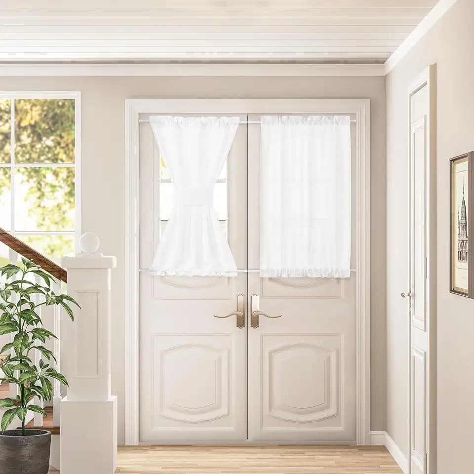 White Linen Door Short Curtains 40 Inch Length for Front French Door