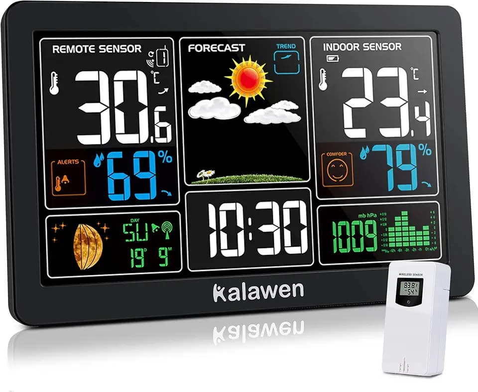 Wetterstation mit Außensensor Innen und Außen 9-IN-1 Wireless Digital Wecker Barometer Weather Station Temperatur-Feuchtigkeits-Monitor Wettervorhersage für Zuhause Hausgarten Büro