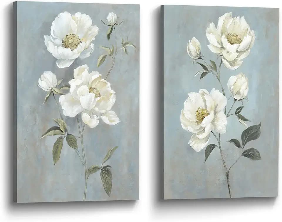Color Play Flower Canvas Abstract Wall Art: 2 Pieces White Floral Prints Artwork Vintage Peony Bouquet Botanical Painting Picture for Bedroom Living Room Bathroom Home Office