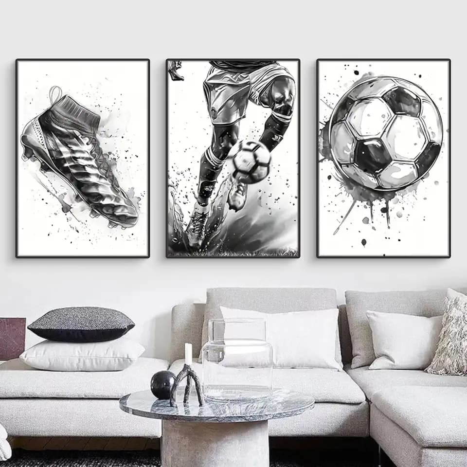 3er Wandbilder Set Schwarz Weiß Fußball Leinwand Kunst Bilder Modern Poster Kunstdruck Bild Wohnzimmer Schlafzimmer Wanddeko Ohne Rahmen