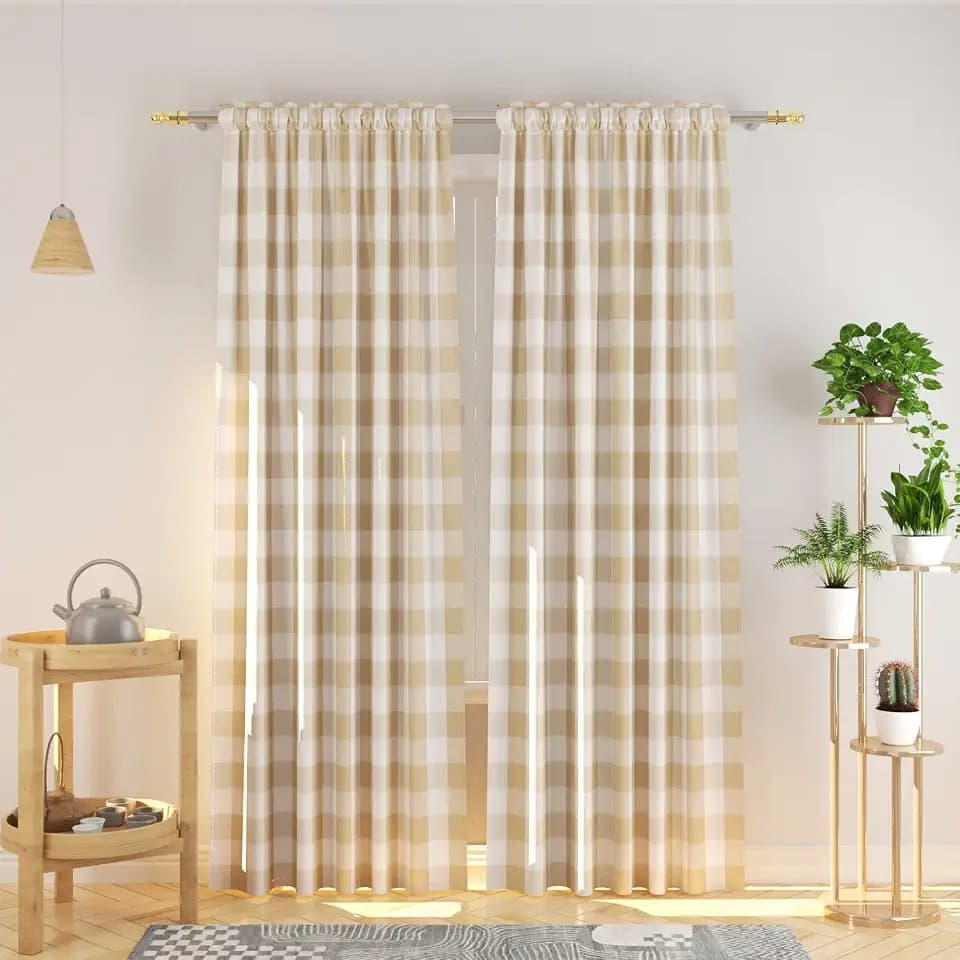 Buffalo Check Curtains 52 inch wide x 108 inch Long Farmhouse Living Room Divider Bedroom Gingham Plaid Window Curtain Sliding Glass Door Drapes 2 Panels Rod Pocket Window Treatment Set Beige & White