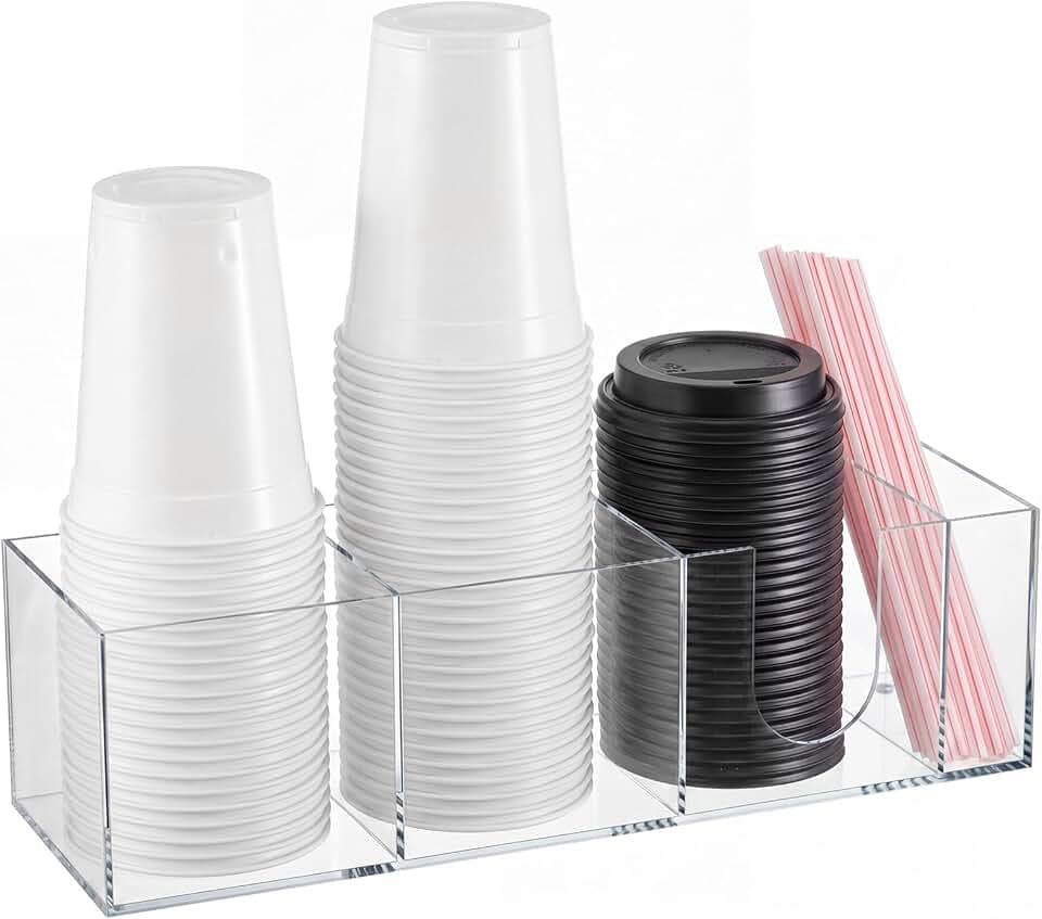 Novabright Acrylic Coffee Cup Holder for Countertop with 4 Compartments Cup Lid and Straw Dispenser Coffee Station Organizer Bar Accessories for Breakroom Restaurant, 15.3 x 4.7 x 4(Clear)