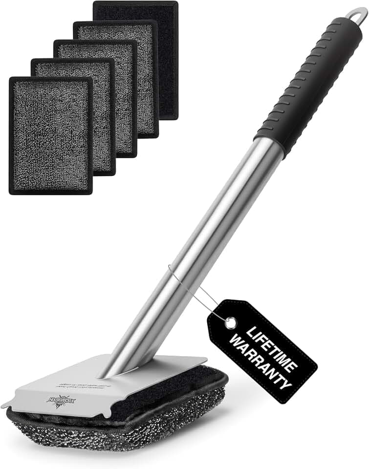 Bristle-Free Steam Grill Brush with 5 Replacement Pads – No Bristle Shedding. Unique Steel Fibers Pads Efficiently Deep Clean All Kinds of Grills. A Safe Outdoor Grill Cleaner. Gift for Men/Dad.