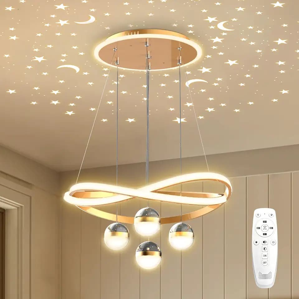 Modern Gold LED Chandeliers with Star Projector with Remote Control