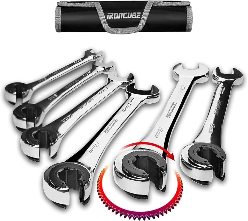 ironcube 6-Piece Metric Ratcheting Flare Nut Wrench Set, 10-17 mm, 72-Tooth, with Roll-Up Pouch
