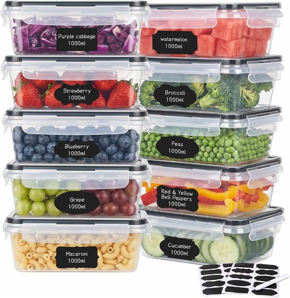 Hotec Frischhaltedosen mit Deckel, 10 x 1 L, Clip & Close Frischhaltedosen-Set, Meal Prep Boxen, 100 Prozent dicht, spülmaschinen, gefrier, mikrowellenfest, Gefrierbehälter & Küche