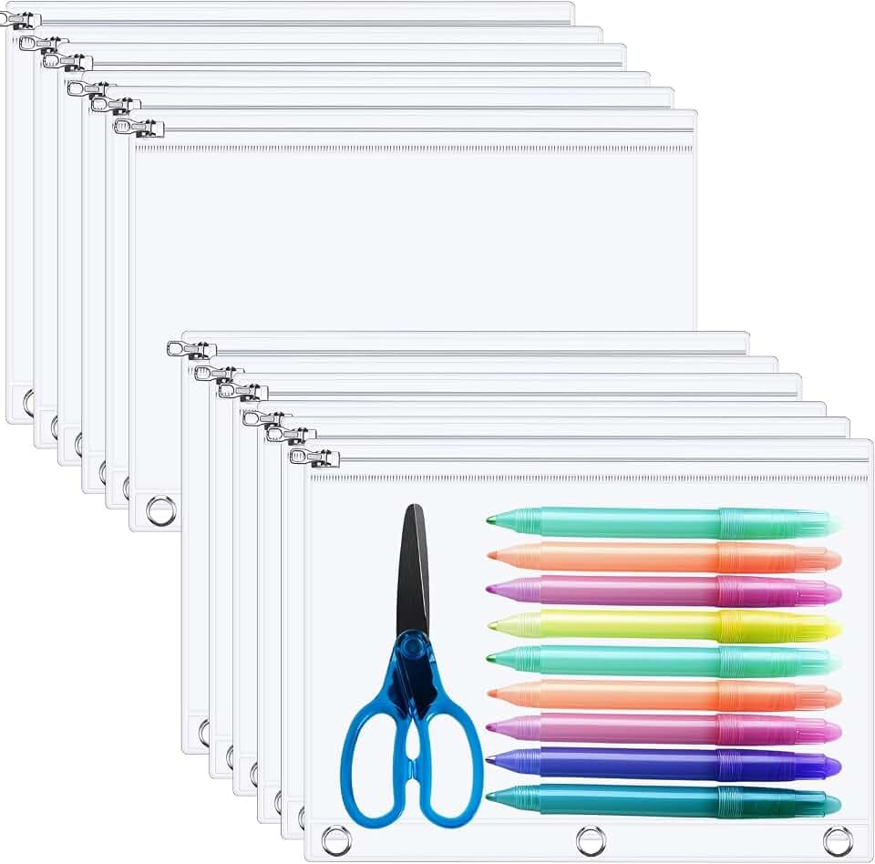 Lincia 12 Pack Clear Pencil Pouch for 3 Ring Binder 10x7'', Clear