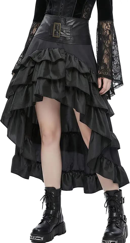 SEAUR Damen Steampunk Gothic Rock Rot Renaissance Lang Rock Rüschen Mittelalter Vintage Viktorianischer Rock Hohe Taille High-Low Saum Karneval Fasching Halloween Cosplay Kostüm