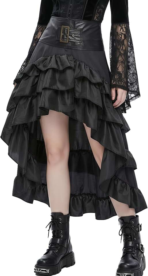SEAUR Damen Steampunk Gothic Rock Rot Renaissance Lang Rock Rüschen Mittelalter Vintage Viktorianischer Rock Hohe Taille High-Low Saum Karneval Fasching Halloween Cosplay Kostüm