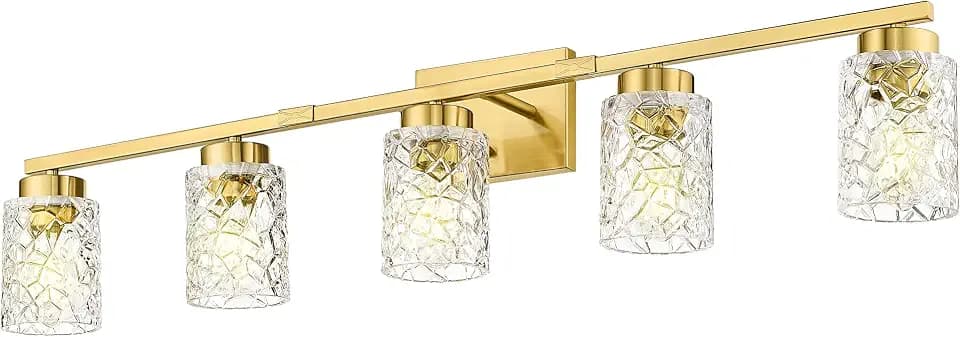Emliviar 5-Light Brushed Gold Vanity Light with Clear Geometric Glass, 5 Bulb Wall Light Fixture Over Mirror 40 Inch, HE294B-5W BG