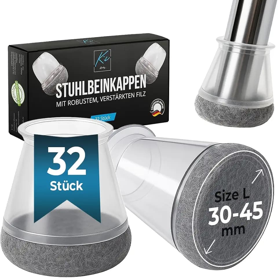 Stuhlbeinkappen Transparent/Grau Rund, 32 Stück, 30-45mm, Filzgleiter für Stühle, Stuhlsocken, Schutzkappen für Stuhlbeine, Stuhlbeinsocken