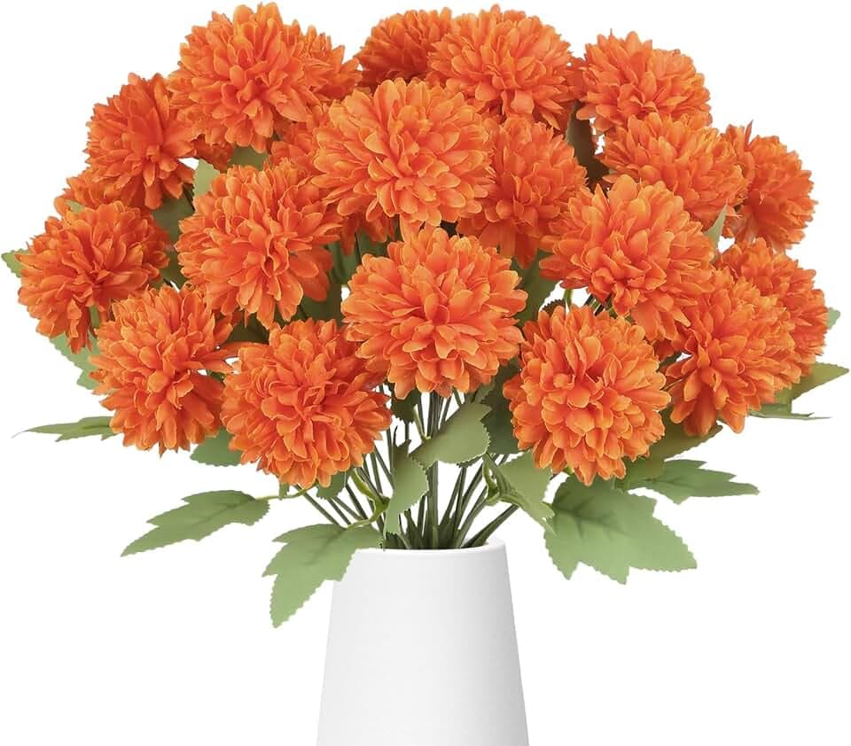 3Bundles Fake Chrysanthemums Artificial Flowers for Outdoor 27 Head Orange Silk Faux Mums Flowers with Stems for Outside Yard Box Balcony Garden Wedding Bouquets Home Indoor Decor (Orange)