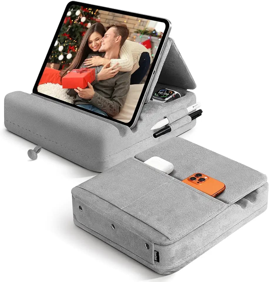 Tablet Pillow Stand with Storage, Foldable iPad Holder for Lep, Bed, Sofa, and Desk - Soft Pad Dock with Pocket and Stylus Mount Compatible with 4-13" iPad Pro/Air/Mini, Galaxy Tab, Kindle