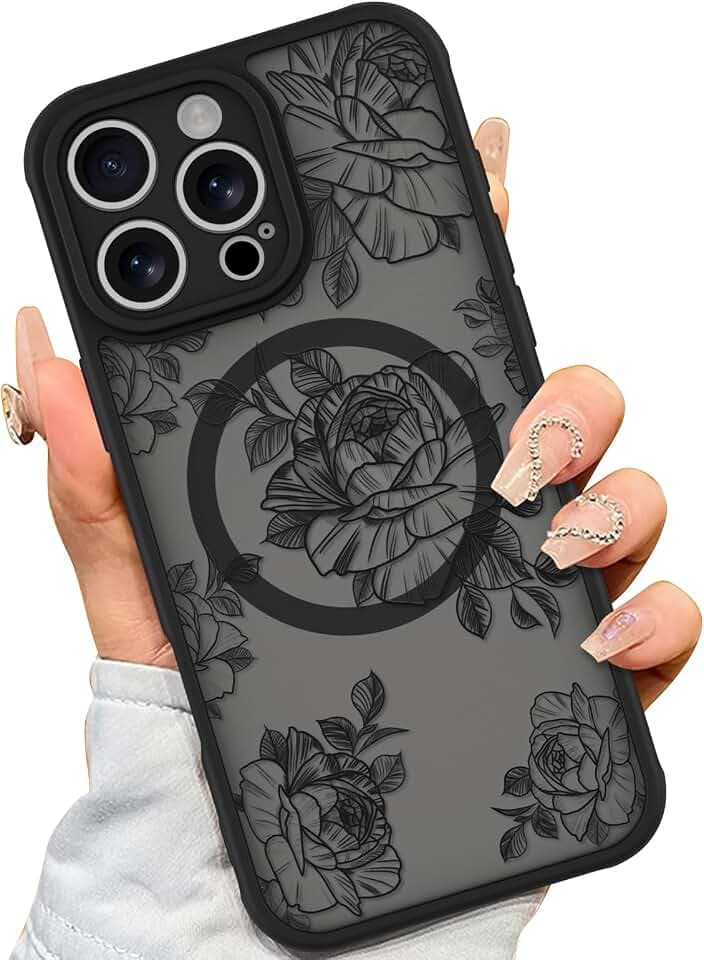 AIGOMARA Case for iPhone 16 Pro Max [Compatible with MagSafe] Black Flower